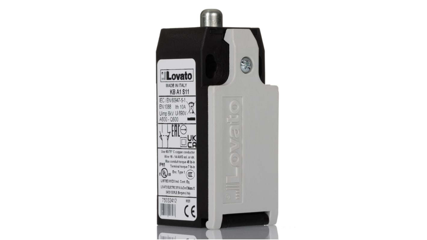 Interruttore di fine corsa Lovato KBA1S11, stantuffo NO/NC, grado di protezione IP65, dimensioni 30mm x 54.5mm, tensione massima 690V.