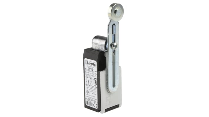 Interruttore di fine corsa Lovato KBF2S11 con leva regolabile, configurazione NO/NC, grado di protezione IP65, dimensioni 165.5mm x 30mm x 40mm.