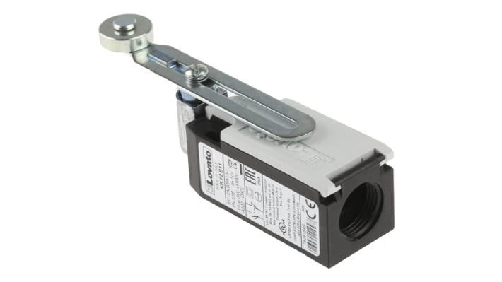 Interruttore di fine corsa Lovato KBF2S11 con leva regolabile, configurazione NO/NC, grado di protezione IP65, dimensioni 165.5mm x 30mm x 40mm.