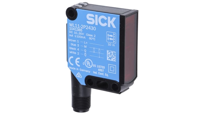 Sensore fotoelettrico rettangolare Sick WL11-2P2430, retro-riflettente, gamma 150 mm a 10 m, montaggio a pannello, IP66/IP67/IP69K.