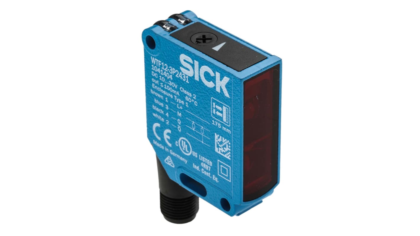 Sensore fotoelettrico rettangolare Sick WTF12-3P2431, rilevamento 30-175 mm, uscita PNP, montaggio a pannello, IP66/IP67/IP69K.