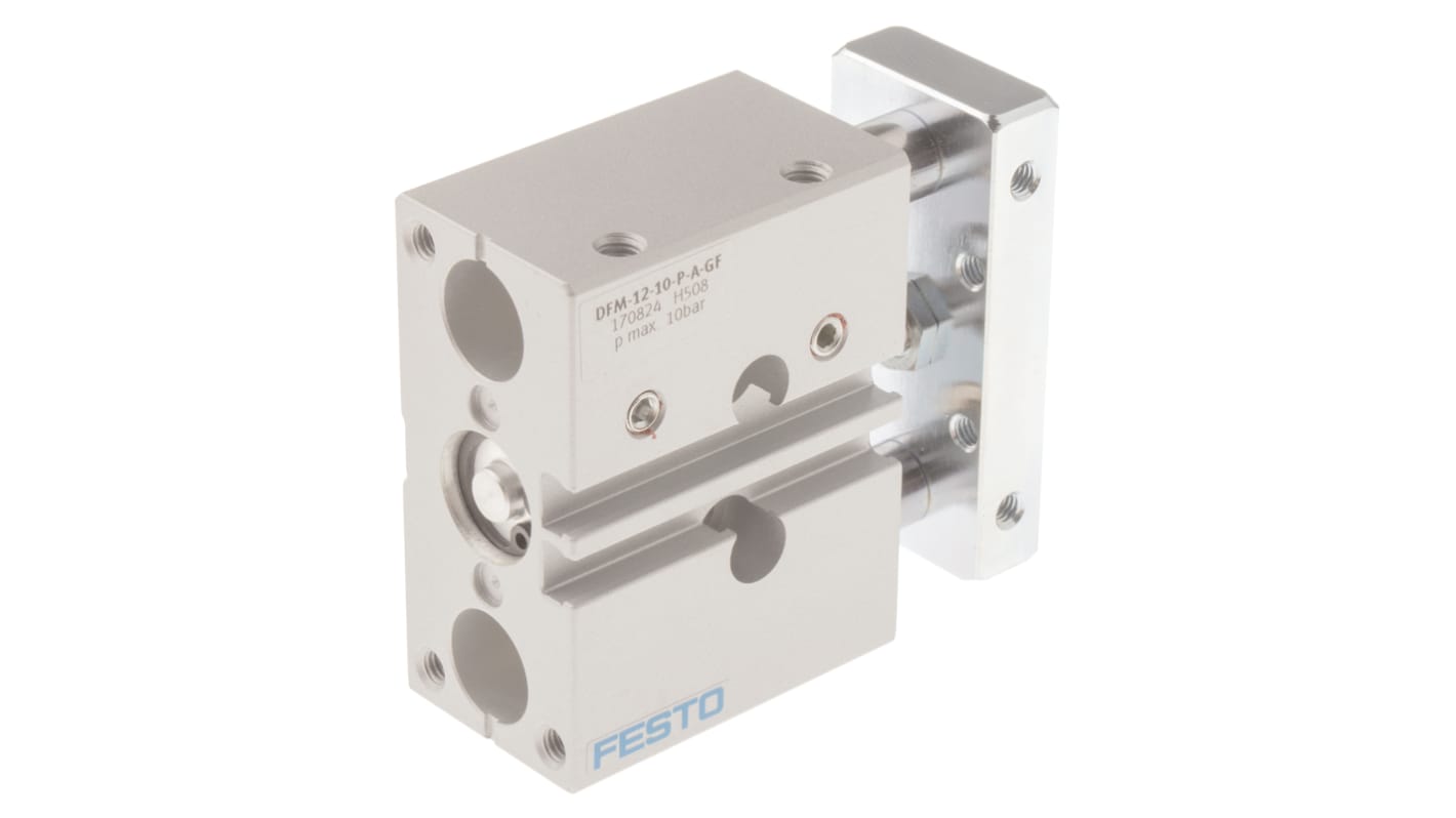 Cilindro pneumatico Festo DFM-12-10-P-A-GF, doppio effetto, corsa 10 mm, dimensioni 59 x 60 x 28 mm, struttura in alluminio.