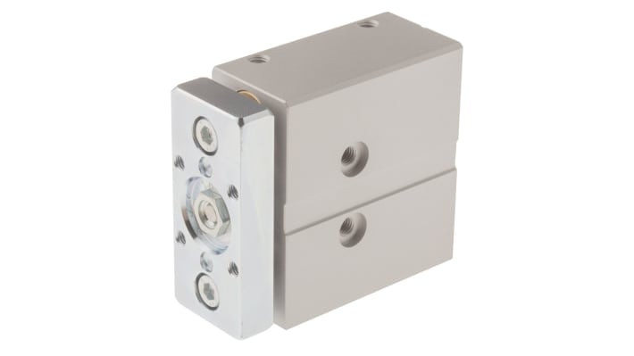 Cilindro pneumatico Festo DFM-12-20-P-A-GF, doppio effetto, corsa 20 mm, dimensioni 69 x 60 x 28 mm, collegamento M5, struttura in alluminio.