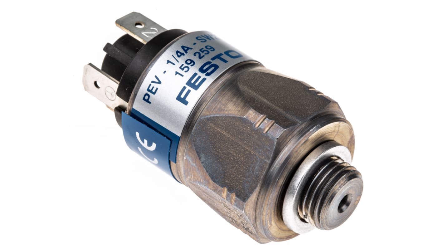 Pressostato Festo PEV-1/4-A-SW27, connessione G 1/4, pressione operativa 1-10 bar, grado di protezione IP65.