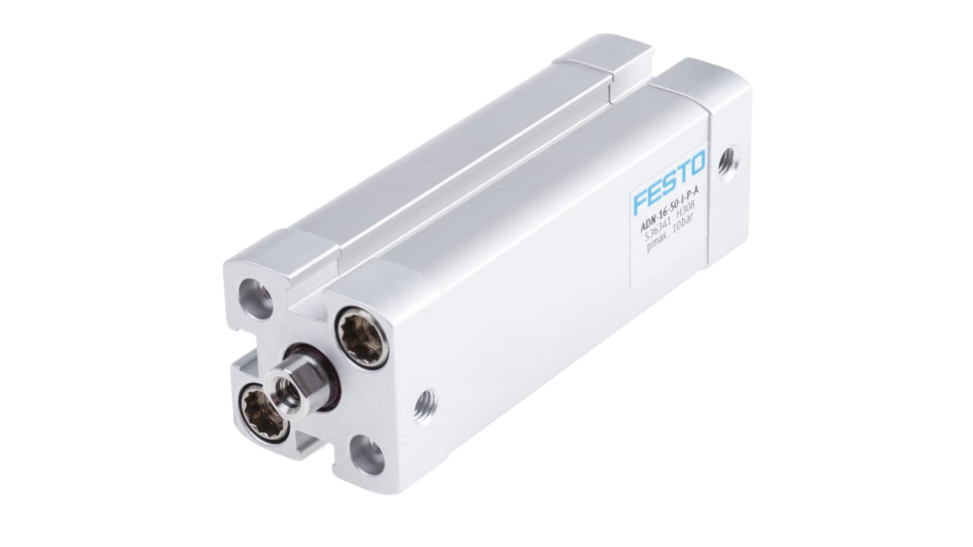 Cilindro pneumatico doppio effetto Festo ADN1650IPA, foro 16 mm, corsa 50 mm, pressione max 10 bar, dimensioni 29 x 29 x 89,7 mm.