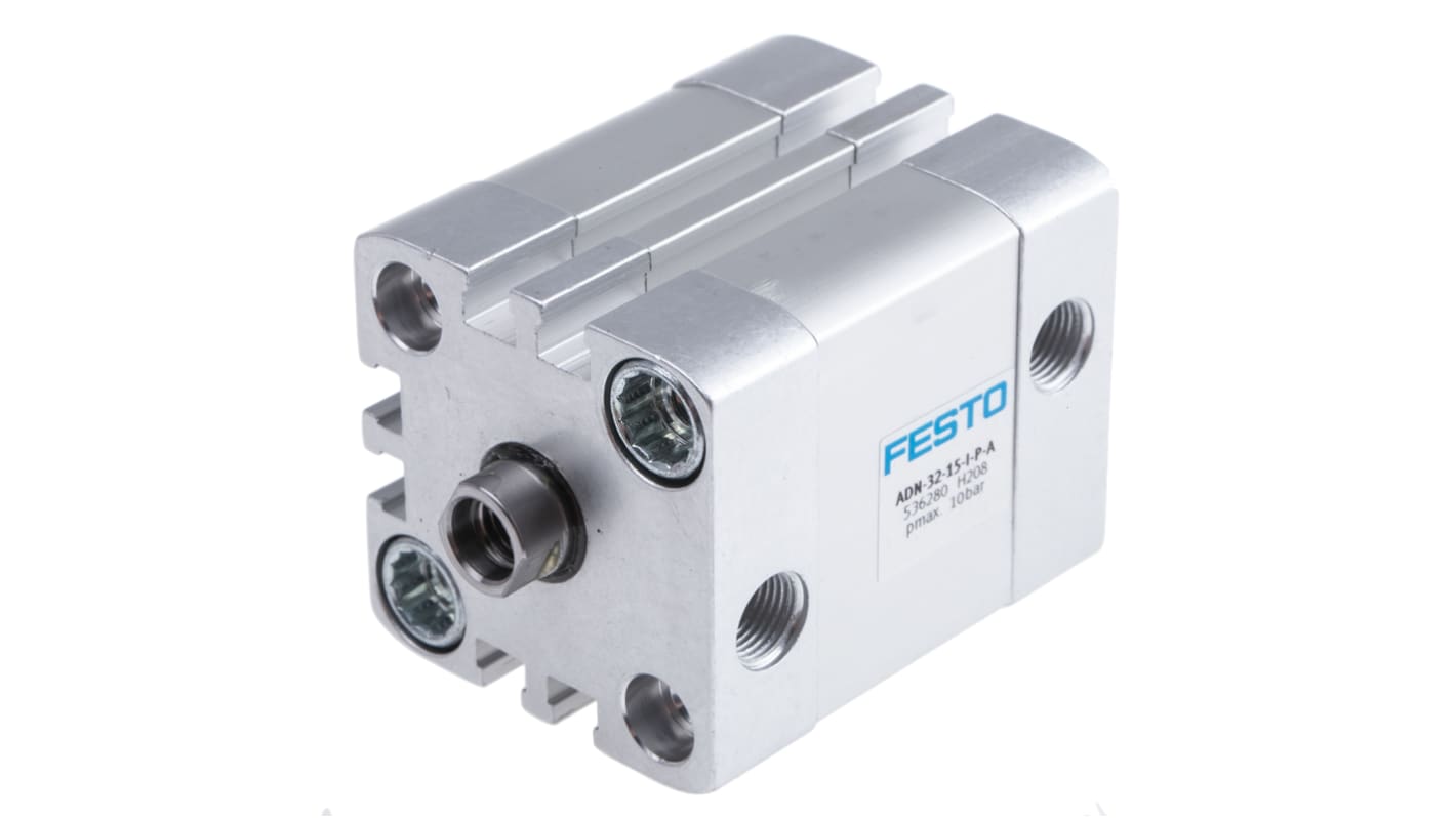Cilindro pneumatico Festo ADN-32-15-I-P-A, doppio effetto, foro 32mm, corsa 15mm, attacco G 1/8, peso 310g.