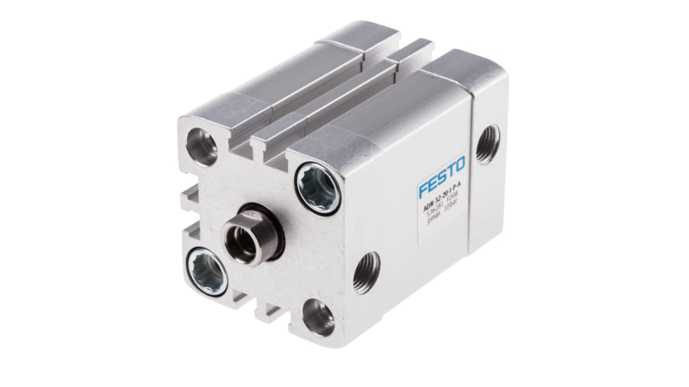 Cilindro pneumatico Festo ADN-32-20-I-P-A, doppio effetto, foro 32 mm, corsa 20 mm, attacco G 1/8, max 10 bar.