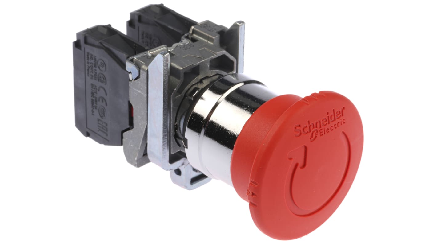 Pulsante di arresto di emergenza Schneider Electric XB4BS8444, Ø 40mm, IP69K - Serie Harmony XB4 - Montaggio a pannello, 2NC, Metallo cromato, conformità a EN/IEC 60947-5-1.