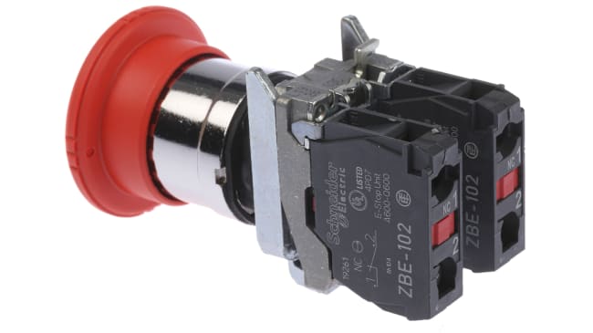 Pulsante di arresto di emergenza Schneider Electric XB4BS8444, Ø 40mm, IP69K - Serie Harmony XB4 - Montaggio a pannello, 2NC, Metallo cromato, conformità a EN/IEC 60947-5-1.