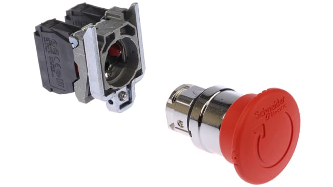 Pulsante di arresto di emergenza Schneider Electric XB4BS8444, Ø 40mm, IP69K - Serie Harmony XB4 - Montaggio a pannello, 2NC, Metallo cromato, conformità a EN/IEC 60947-5-1.