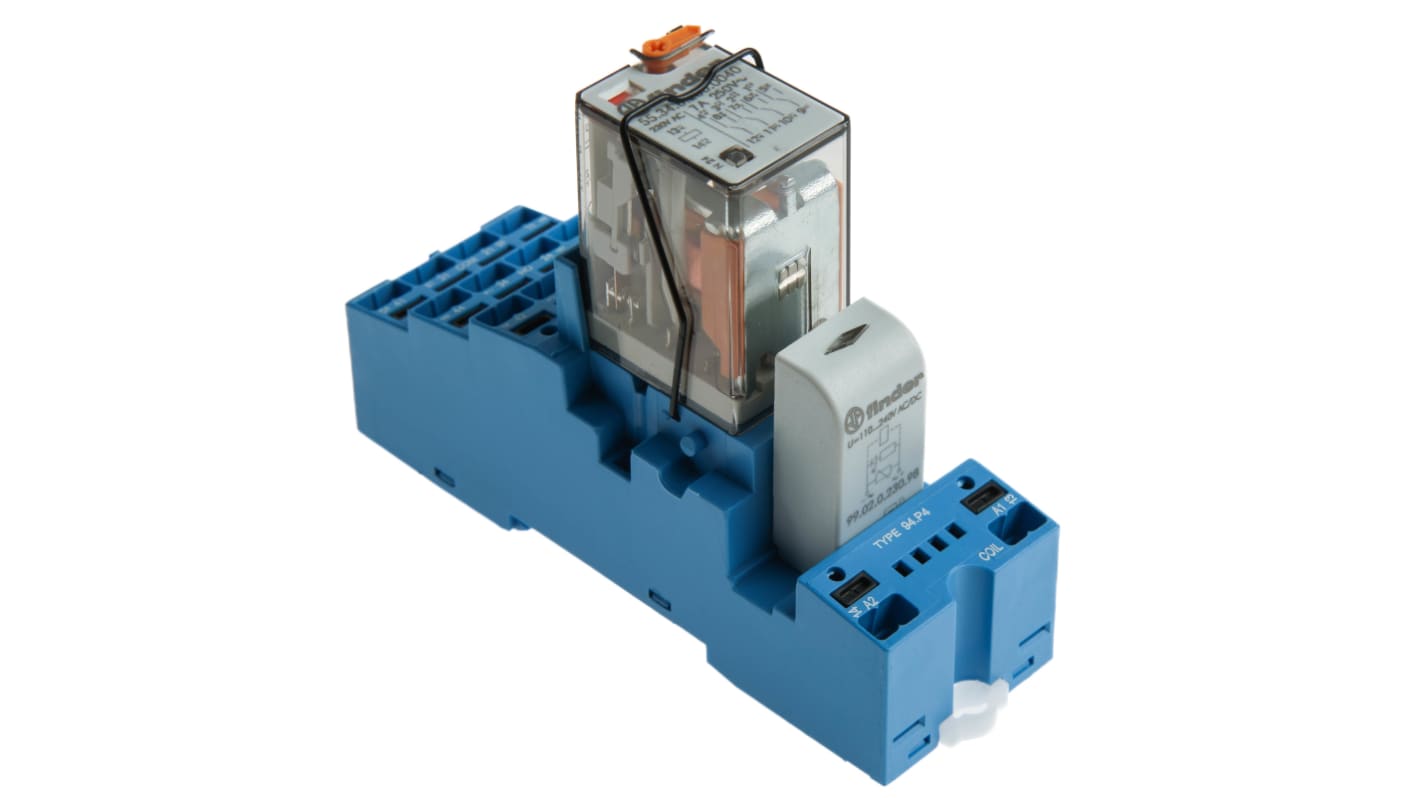 Finder 58.P4.8.230.0060SMA, relè d'interfaccia per guida DIN, 4PDT, 230V ca, dimensioni 31 x 86.3 x 95.5 mm.