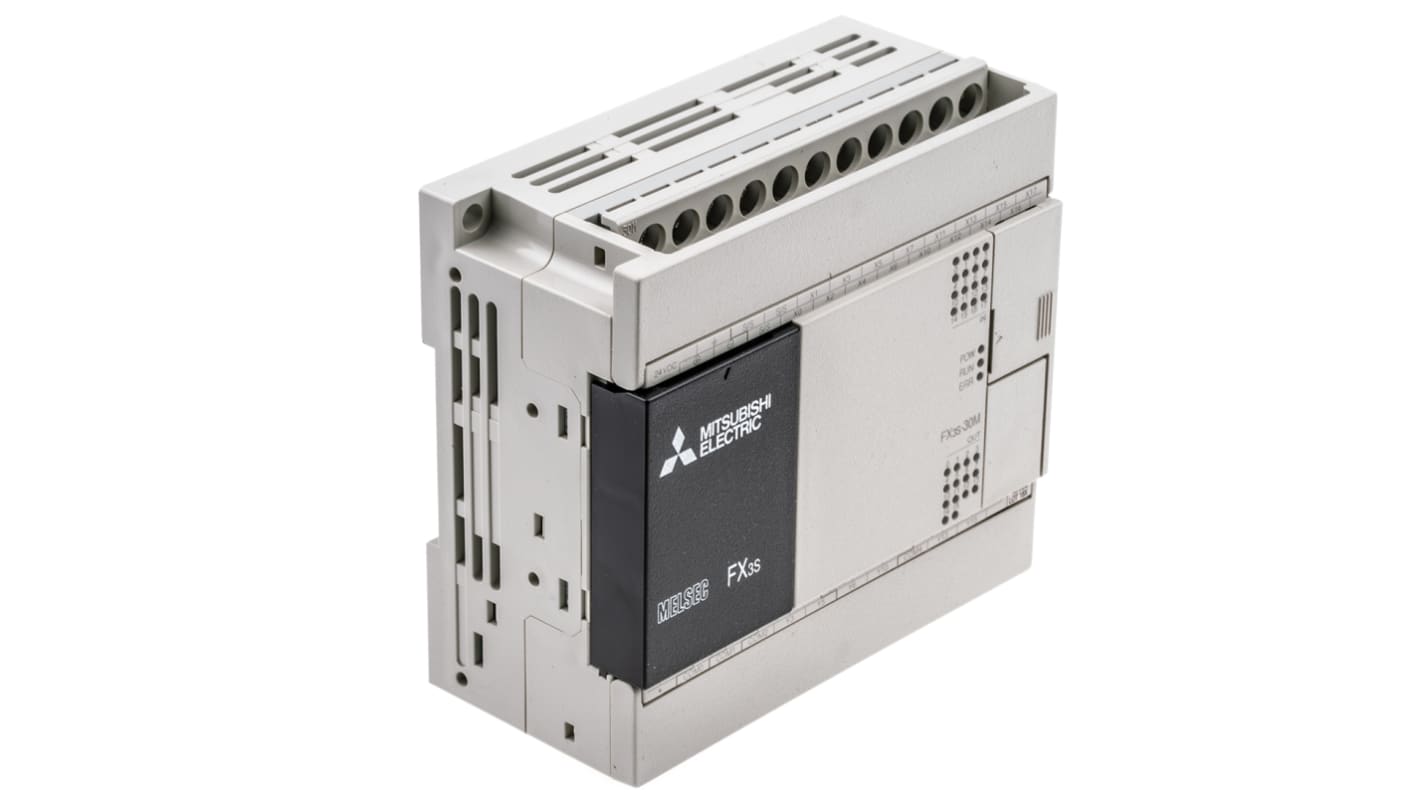 CPU PLC Mitsubishi Electric FX3S-30MR-DS, 30 I/O, montaggio su guida DIN, dimensioni 100 x 90 x 49 mm.