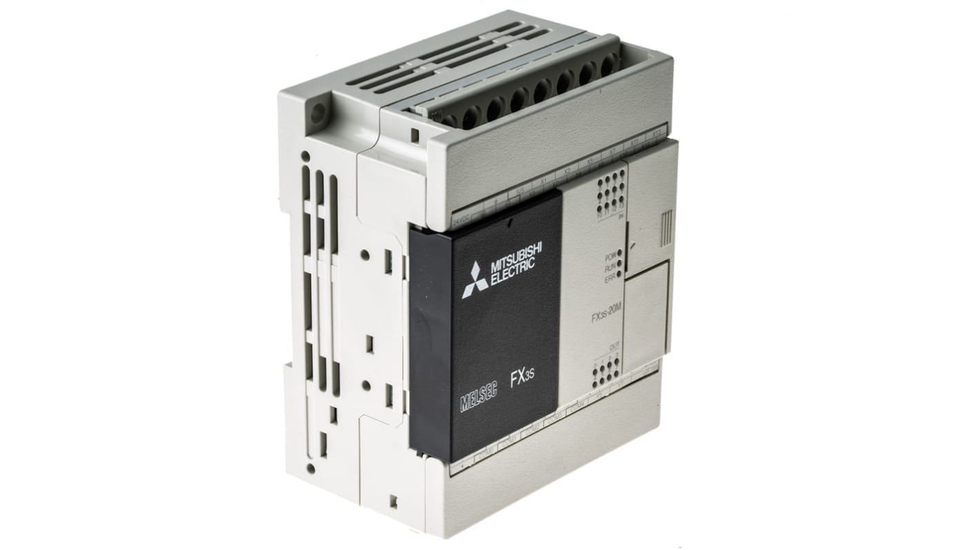 Mitsubishi Electric FX3S-20MR/DS, CPU PLC con 20 I/O, montaggio su guida DIN, dimensioni 75 x 90 x 49 mm.