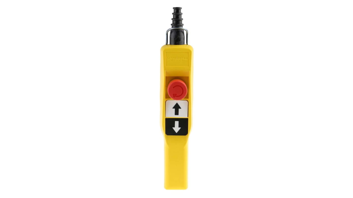 Stazione pensile Schneider Electric XACA2014 con pulsanti E-Stop, grado di protezione IP65, corpo giallo, 2NO e NC.