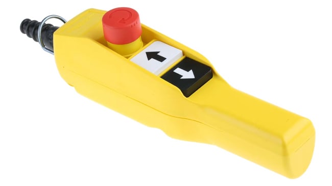Stazione pensile Schneider Electric XACA2014 con pulsanti E-Stop, grado di protezione IP65, corpo giallo, 2NO e NC.