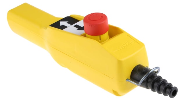 Stazione pensile Schneider Electric XACA2014 con pulsanti E-Stop, grado di protezione IP65, corpo giallo, 2NO e NC.