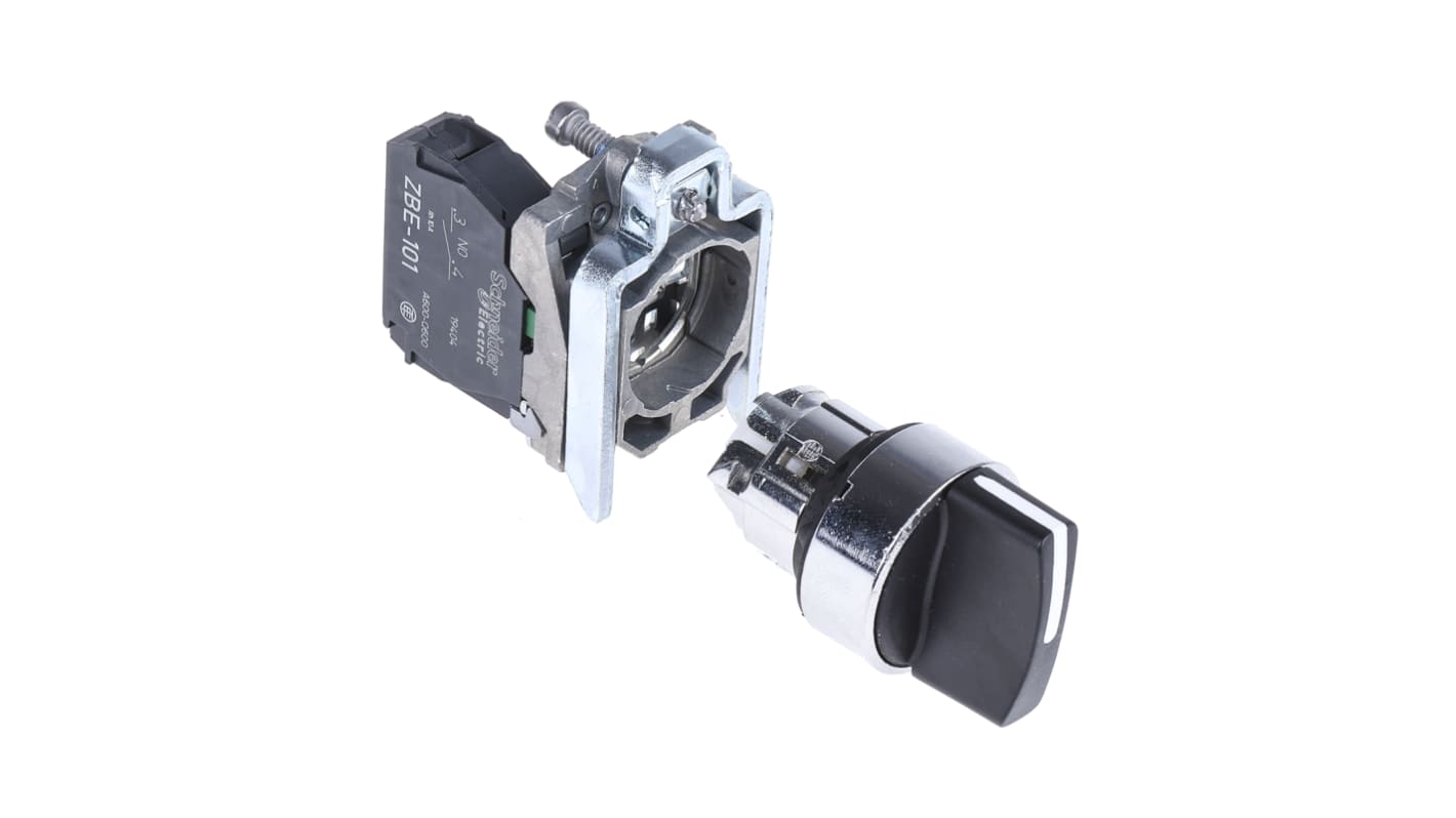 Selettore a 2 posizioni Schneider Electric XB4BD41, diametro foro 22mm, configurazione SPST, grado di protezione IP69K.