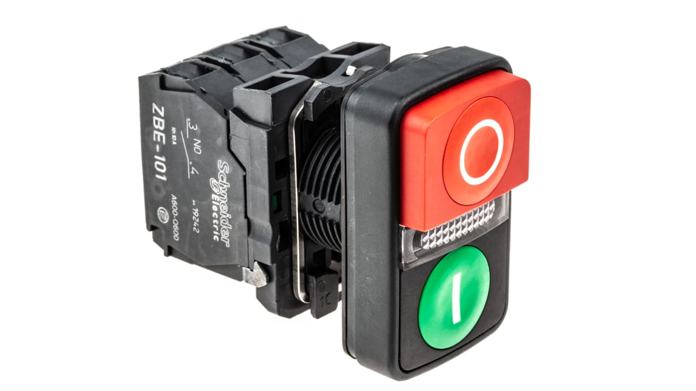 Pulsante luminoso Schneider Electric XB5AW73731B5, montaggio a pannello, 24 V, testa rettangolare verde e rossa, IP69K.