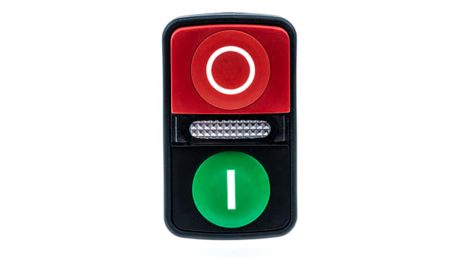 Pulsante luminoso Schneider Electric XB5AW73731B5, montaggio a pannello, 24 V, testa rettangolare verde e rossa, IP69K.