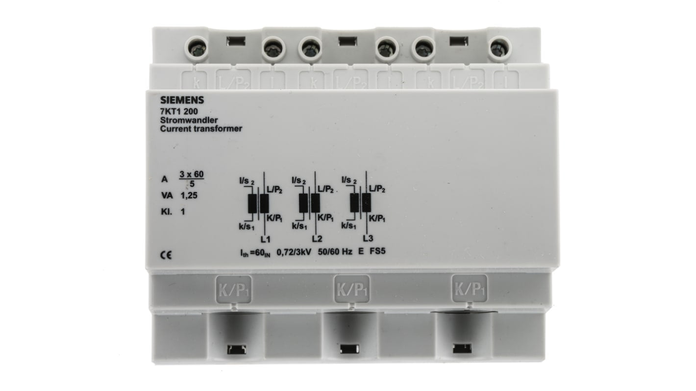 Trasformatore di corrente Siemens 7KT1200, ingresso 60A, uscita 5A, montaggio a pannello, dimensioni 105 x 71 x 90 mm.