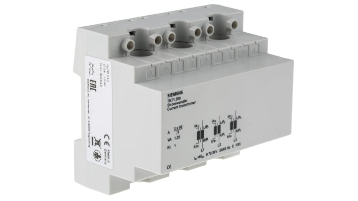Trasformatore di corrente Siemens 7KT1200, ingresso 60A, uscita 5A, montaggio a pannello, dimensioni 105 x 71 x 90 mm.
