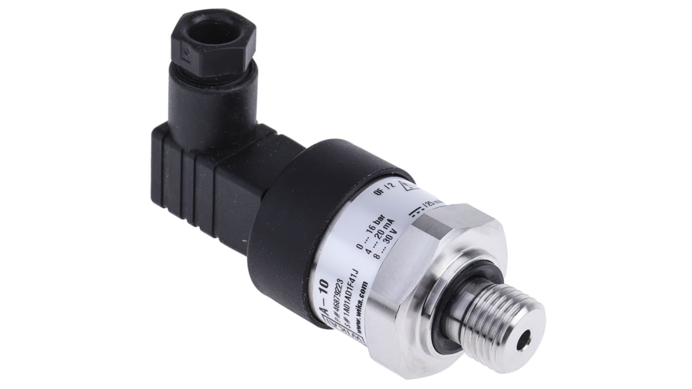 WIKA 46879223, sensore di pressione 16 bar, uscita 4-20 mA, acciaio inox, IP65, temperatura 0-80 °C.