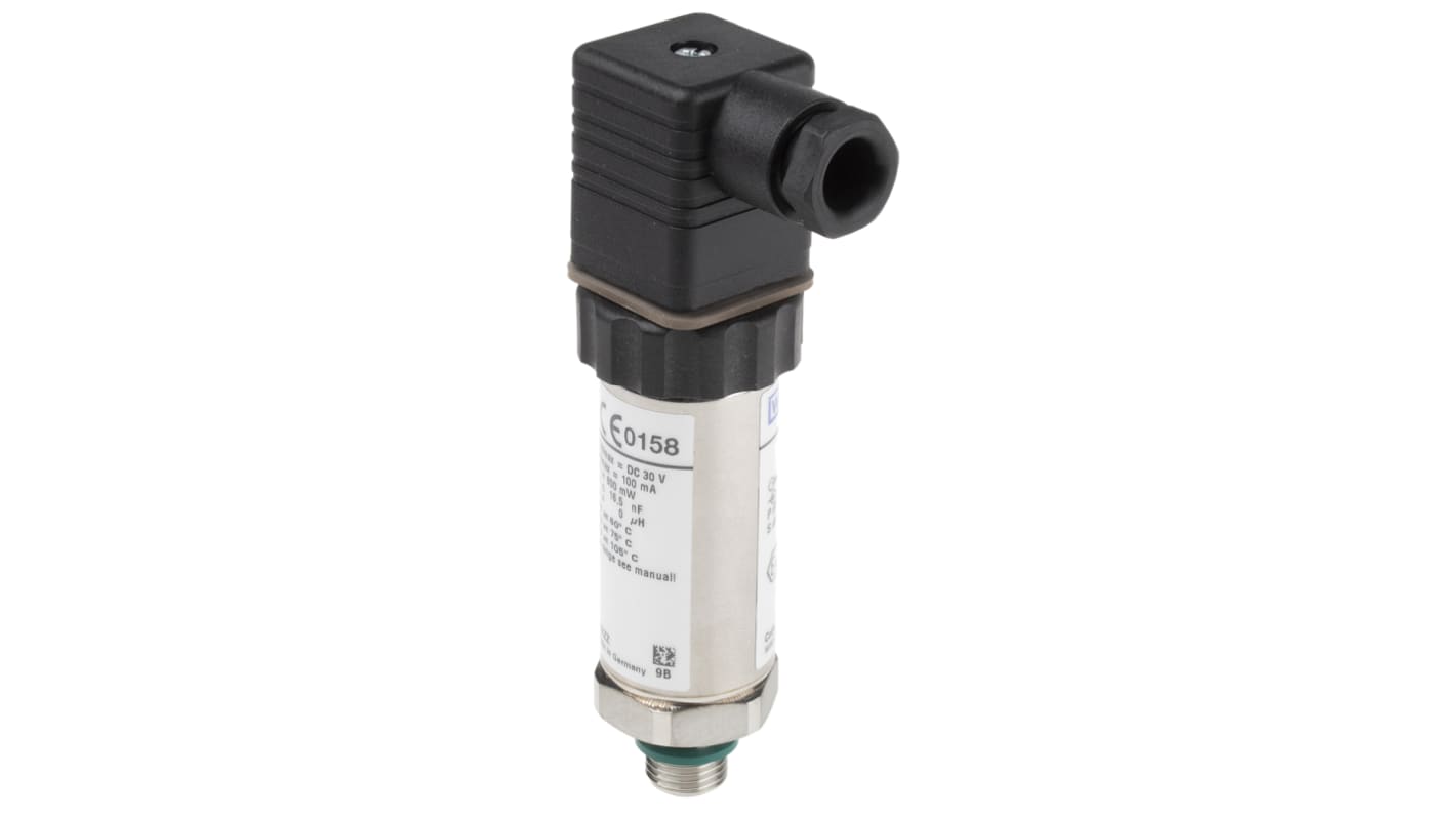 Sensore di pressione WIKA 46879359, 6 bar max, uscita analogica 4-20 mA, robusto in acciaio inox, certificato ATEX.