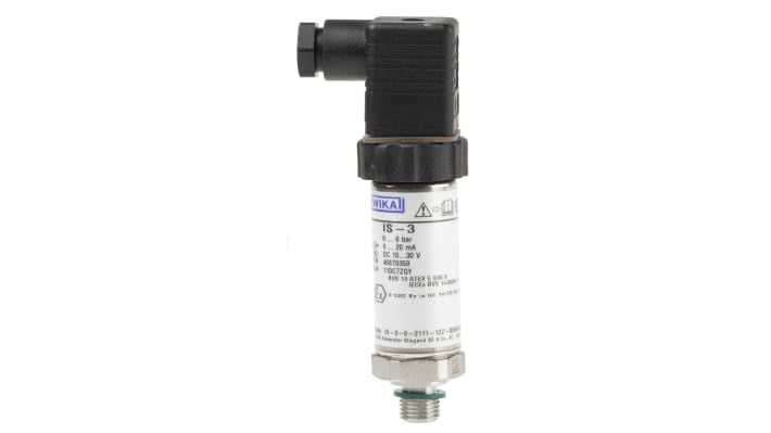 Sensore di pressione WIKA 46879359, 6 bar max, uscita analogica 4-20 mA, robusto in acciaio inox, certificato ATEX.
