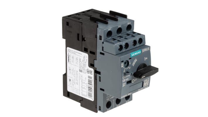 Interruttore automatico motore Siemens 3RV2011-1DA15, corrente nominale 2,2-3,2 A, dimensioni 45x96,9x97 mm, montaggio a morsetto.