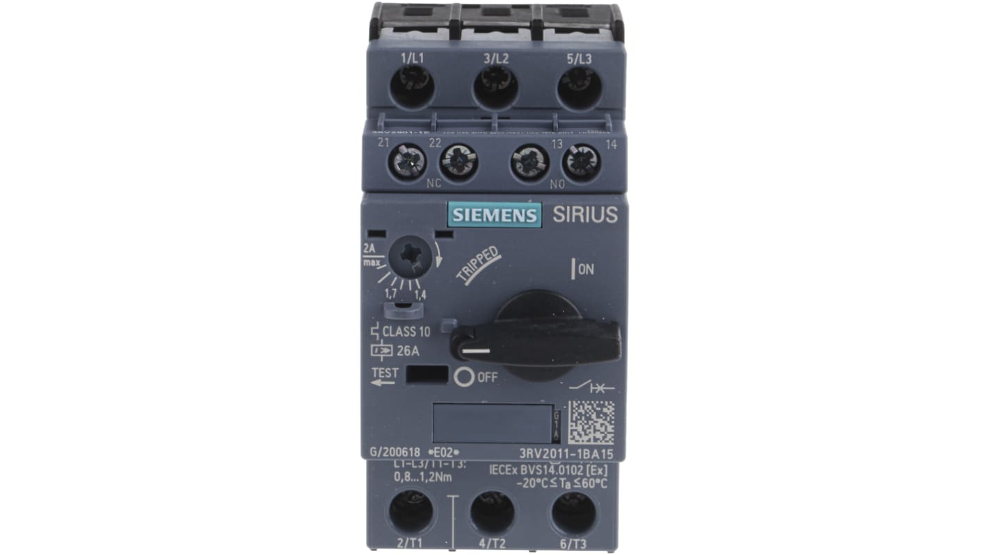 Interruttore automatico Siemens 3RV2011-1BA15 SIRIUS, 3 poli, corrente 1,4-2 A, montaggio su guida DIN, dimensioni 45x96,9x97 mm.