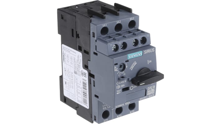 Interruttore automatico Siemens 3RV2011-1BA15 SIRIUS, 3 poli, corrente 1,4-2 A, montaggio su guida DIN, dimensioni 45x96,9x97 mm.