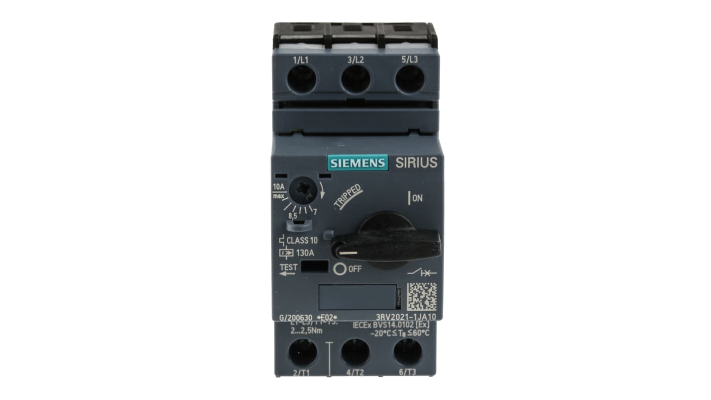 Interruttore automatico protezione motore Siemens 3RV2021-1JA10, 690V, 7-10A, resistente sovratensioni 6 kV, morsetto a vite. Ideale per avviamento motori industriali.