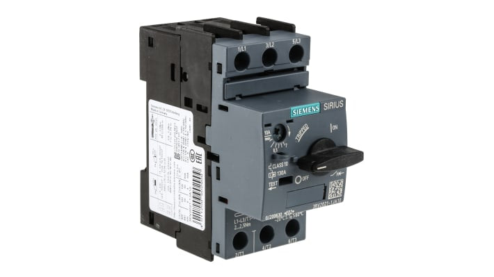 Interruttore automatico protezione motore Siemens 3RV2021-1JA10, 690V, 7-10A, resistente sovratensioni 6 kV, morsetto a vite. Ideale per avviamento motori industriali.