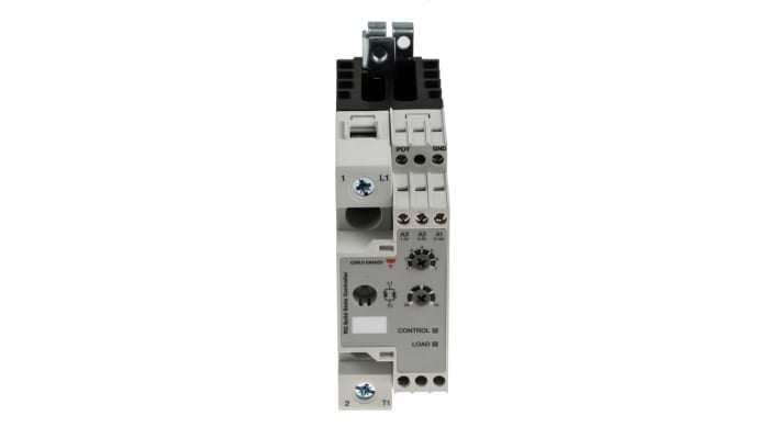 Carlo Gavazzi RGC1P23V42ED, regolatore di potenza monofase fino a 660 V e 63 A, montaggio su guida DIN, con modalità di funzionamento selezionabili.