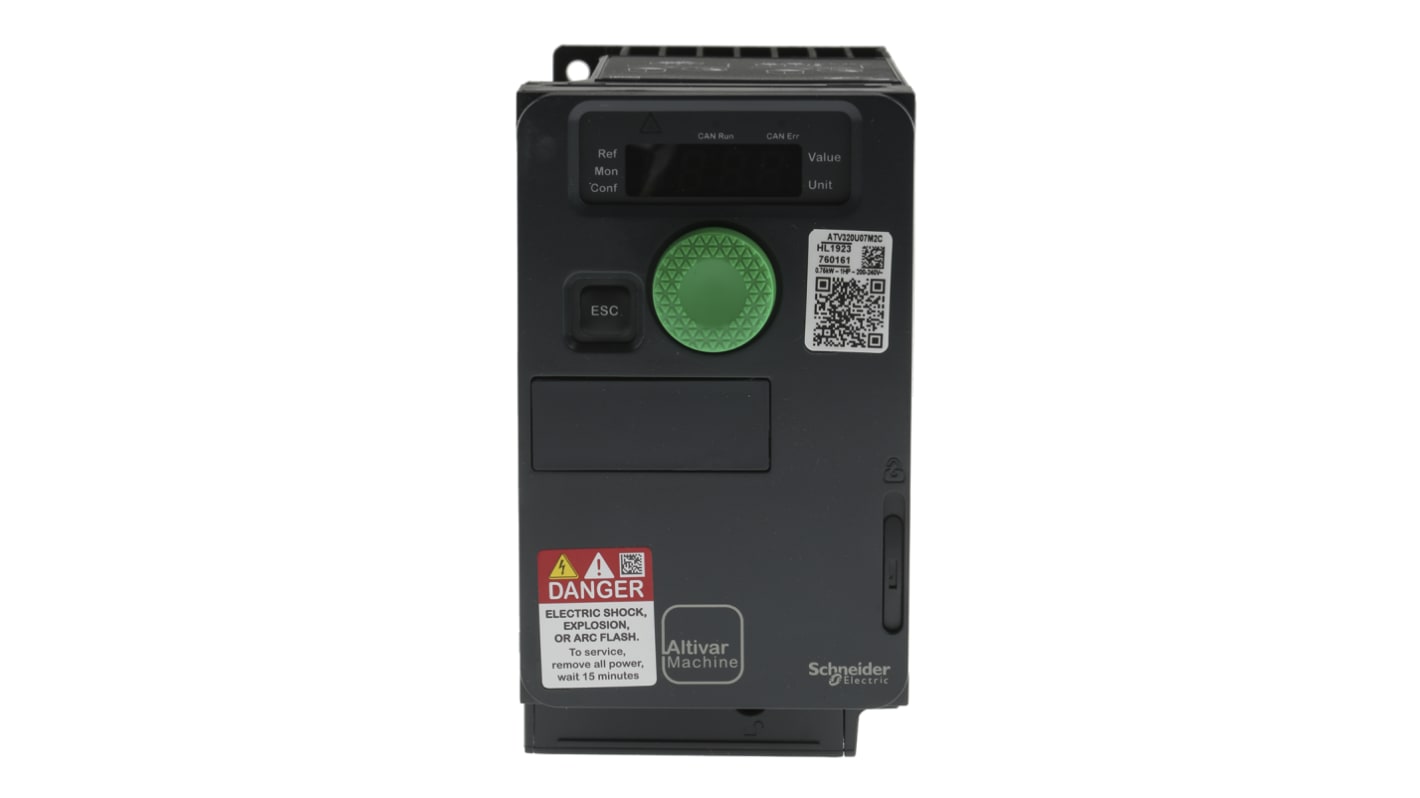 Azionamento monofase Schneider Electric ATV320U07M2C, 0,75W, 10A, 230V CA. Controllo preciso per motori industriali. Compatto e sicuro.