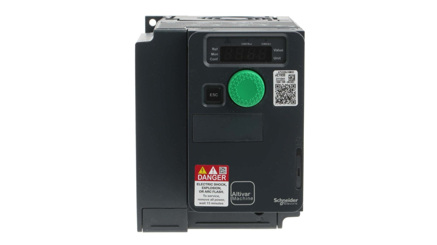 Schneider Electric - ATV320U15M2C: Avviatore a velocità variabile da 1,5 kW, 230 V c.a., 1 fase. Ideale per motori sincroni e asincroni, con connettività avanzata e robustezza per applicazioni industriali.