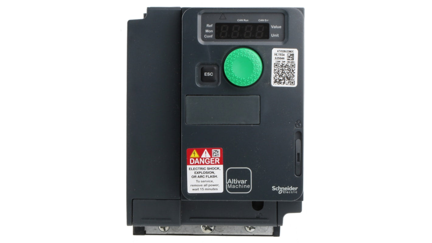 Variatore di velocità Schneider Electric ATV320U22M2C 2,2 kW 230 V c.a. 1 fase 0.1-599Hz per motori elettrici. Ideale per movimentazione materiali e sistemi di ventilazione.