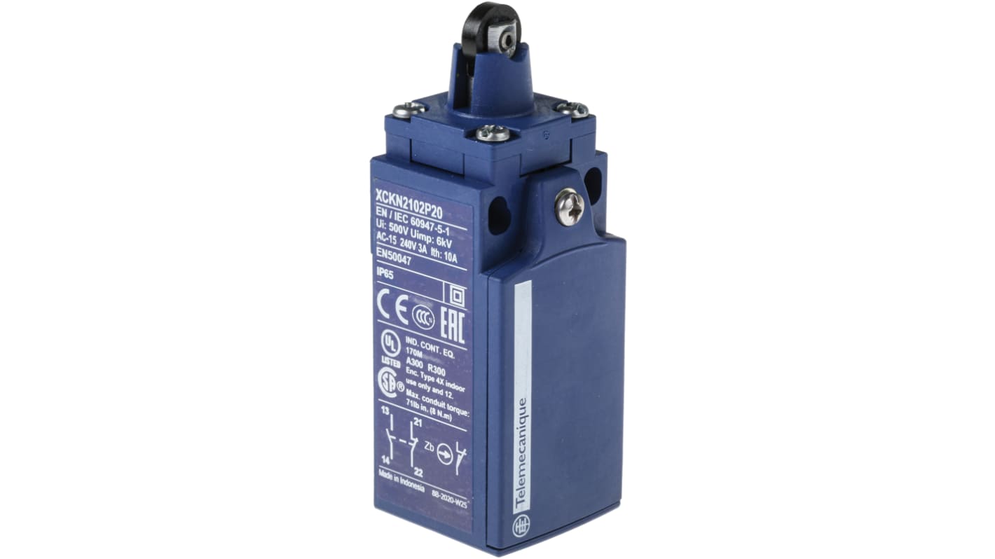 Interruttore di fine corsa Telemecanique Sensors XCKN2102P20, Tasto a rotella, NO/NC, 240V, 10A, IP65 - Ideale per controllo e movimentazione.