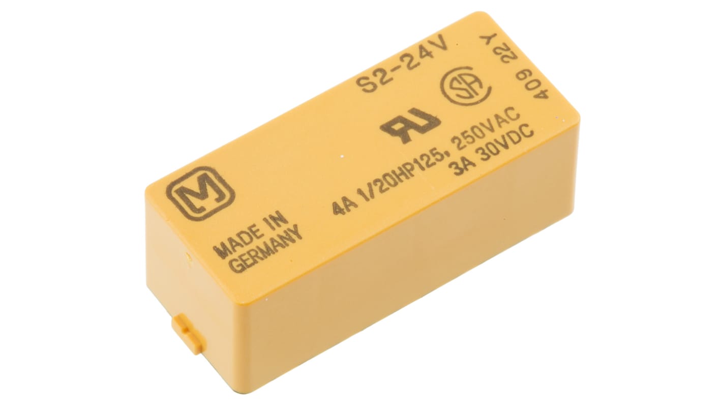 Relè di potenza Panasonic S224ULCSAD DPDT, 24V cc, montaggio su PCB, dimensioni 10 x 28 x 12 mm, corrente 4A.