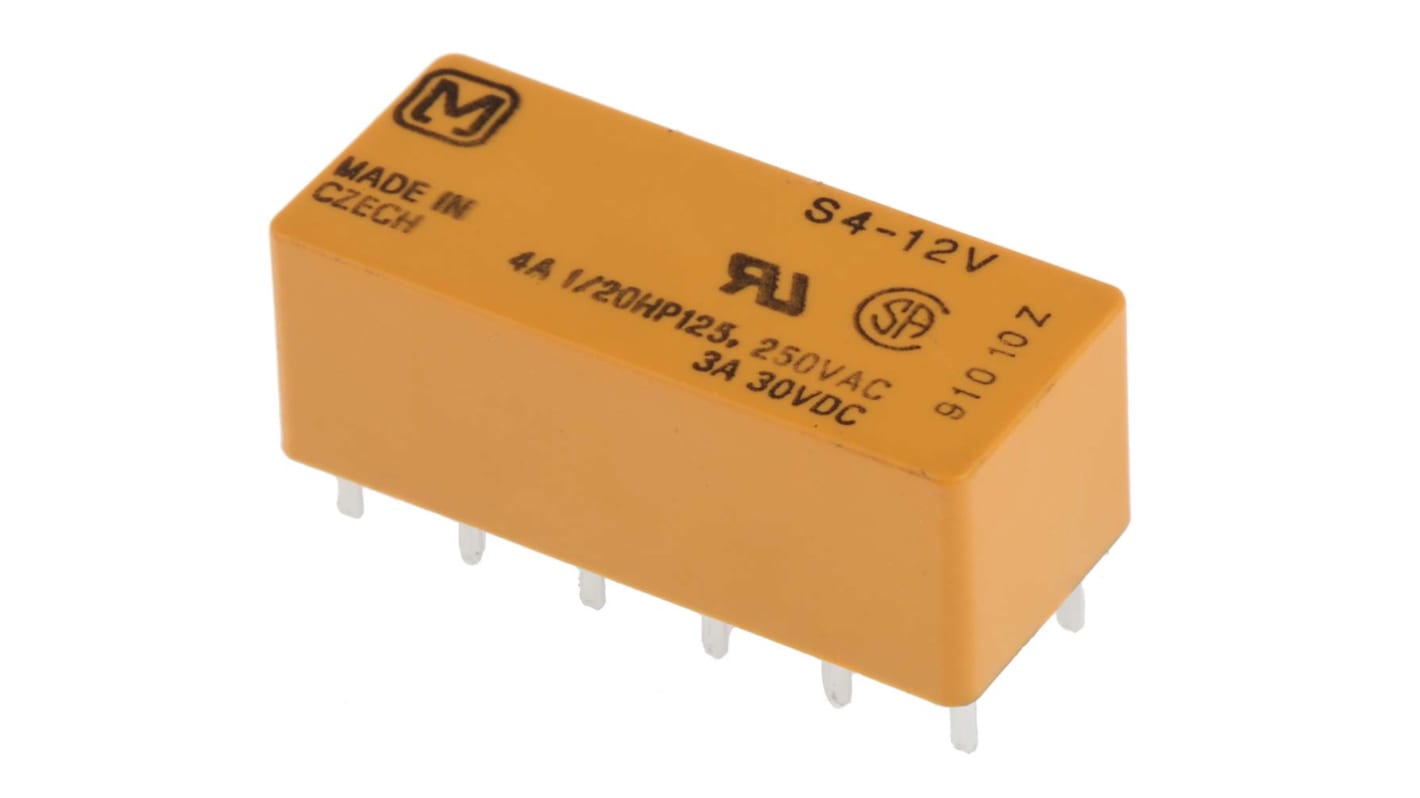 Relè di potenza Panasonic 4PST-NA, 12V cc, montaggio su PCB, dimensioni 10 x 28 x 12 mm, corrente di commutazione 3A.