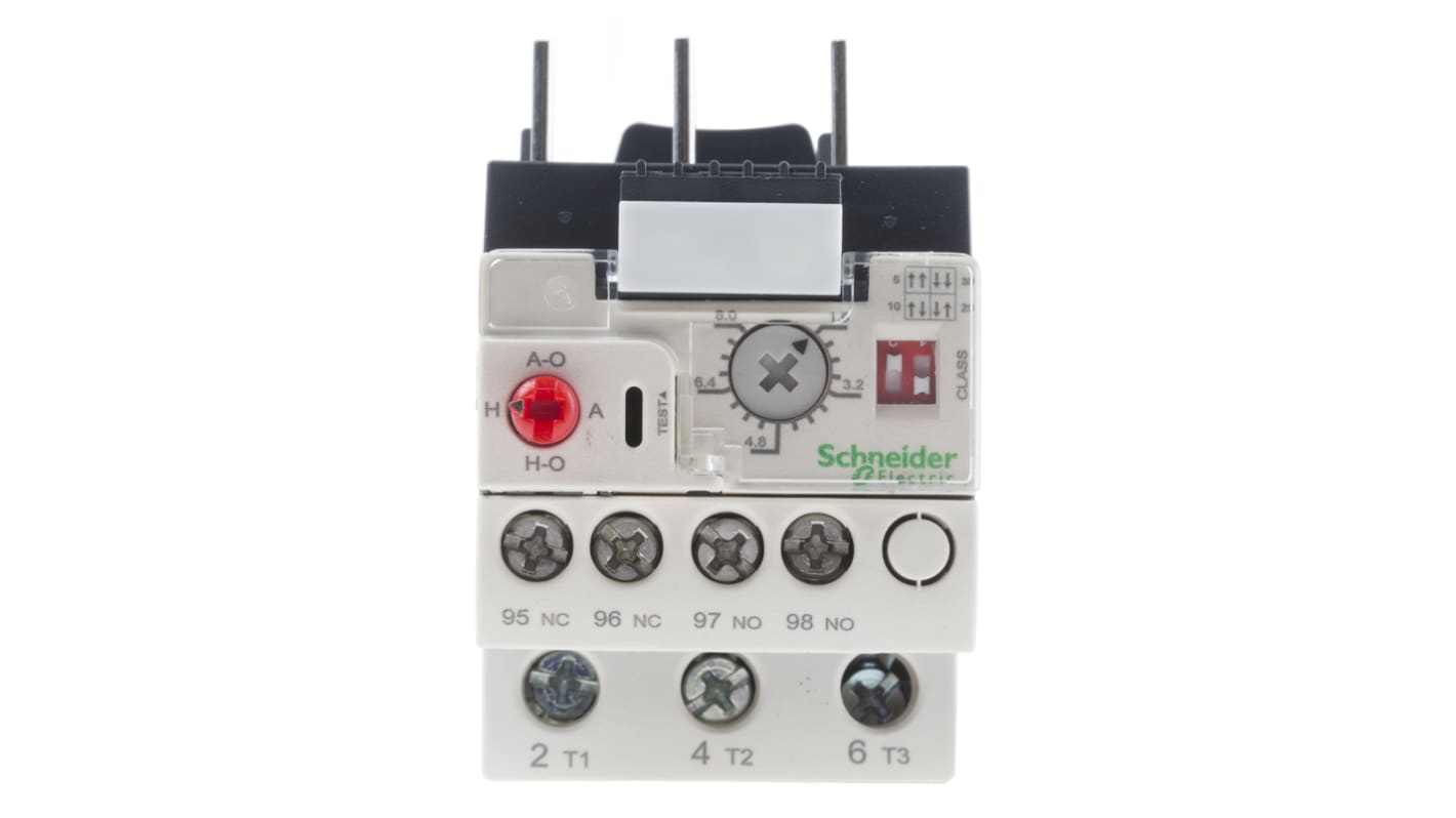 Relè di sovraccarico termico Schneider Electric LR9D08, corrente 1,6-8 A, montaggio diretto, dimensioni 79,9 x 72,5 x 45 mm.
