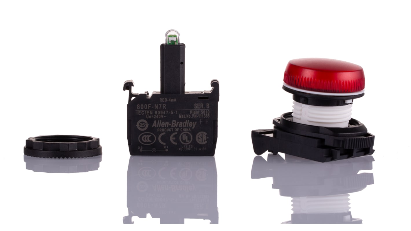 Allen Bradley 800FP-P4PN7R, spia LED rotonda da 22 mm per pannello, colore rosso, tensione 240 V c.a., grado di protezione IP66.