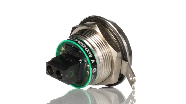 Pulsante SPST Allen Bradley 800K-22FMN24X10, montaggio a pannello, diametro foro 22,5 mm, corpo in acciaio inox, grado di protezione IP69K.