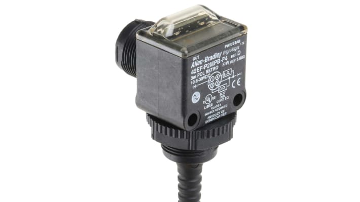 Allen Bradley 42EF-P2MPB-F4, sensore fotoelettrico rettangolare a retroriflessione, rilevamento fino a 3 m, IP67, montaggio su cavo filettato.