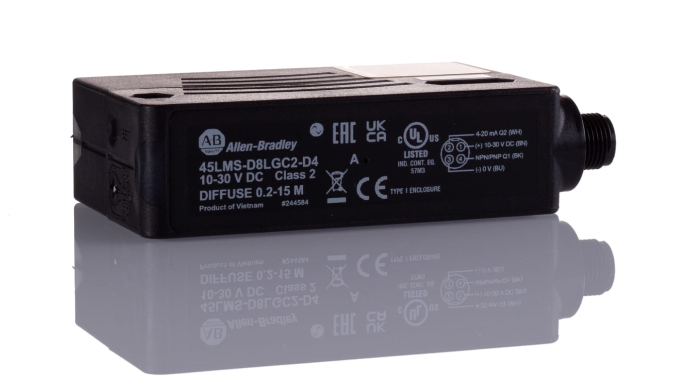 Allen Bradley 45LMS-D8LGC2-D4, sensore fotoelettrico rettangolare a diffusione, rilevamento 200 mm-15 m, montaggio filettato, IP65.