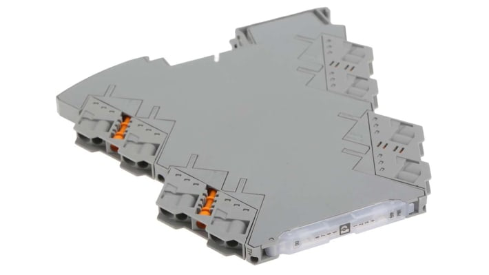 Phoenix Contact, condizionatore di segnale MINI MCR, trasduttore configurabile 3 vie, montaggio su guida DIN, operatività -40 a +70 gradi.