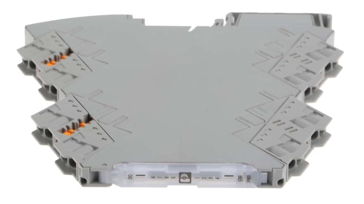Phoenix Contact, condizionatore di segnale MINI MCR, trasduttore configurabile 3 vie, montaggio su guida DIN, operatività -40 a +70 gradi.