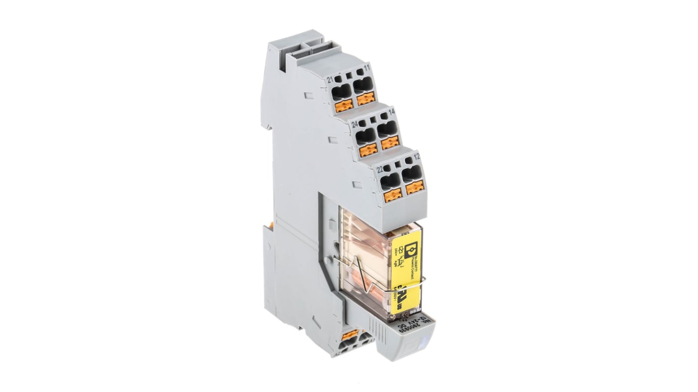 Il modulo relè industriale Phoenix Contact 2908215 con bobina 24V cc, contatti DPDT e montaggio su guida DIN. Ideale per applicazioni industriali.