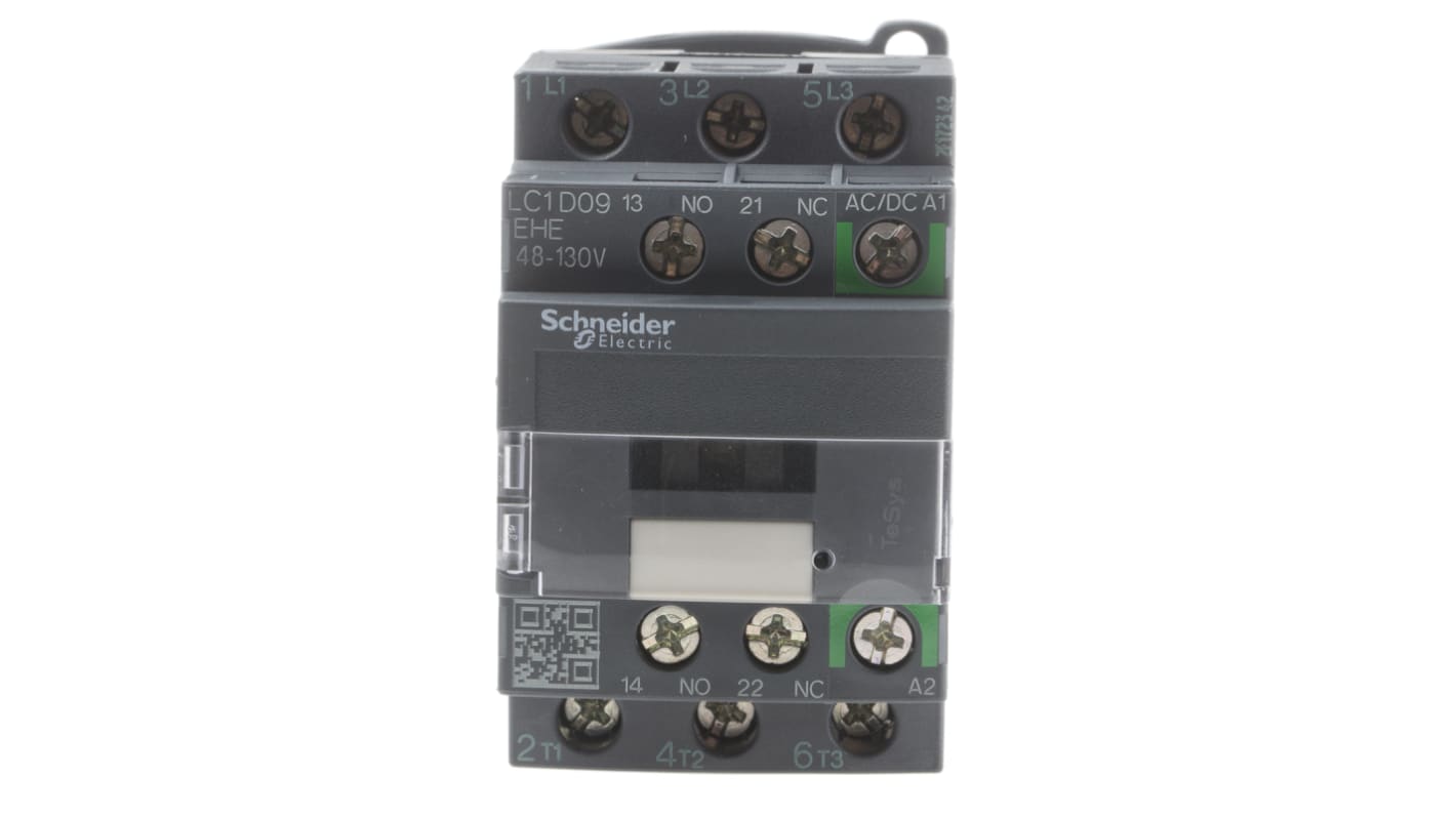 Contattore Schneider Electric LC1D09EHE, 3 poli, 3 NO, 9 A, montaggio su guida DIN, dimensioni 45x86x77 mm, IP20.