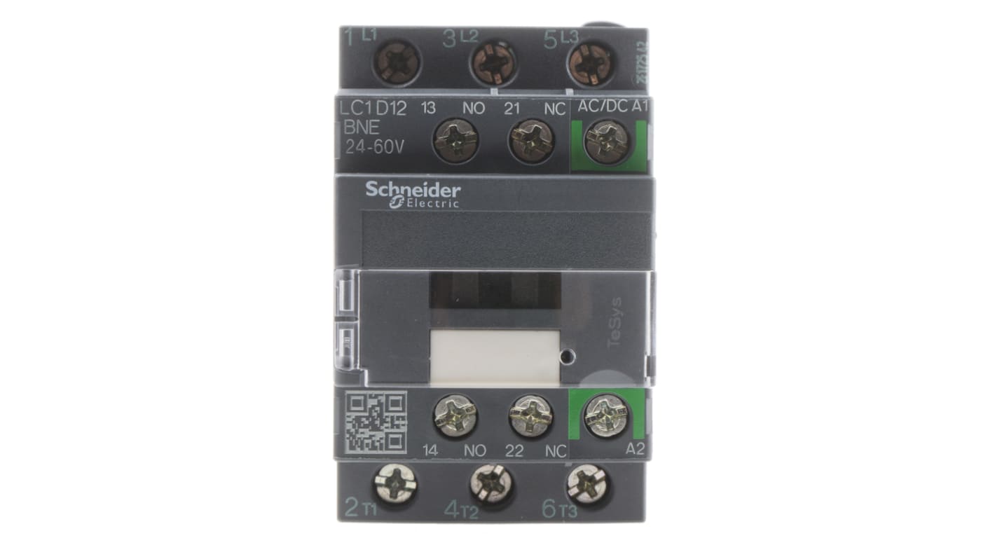 Contattore Schneider Electric LC1D12BNE, 3 poli, 12 A, bobina 24 V, montaggio su guida DIN, dimensioni 45x86x77 mm.